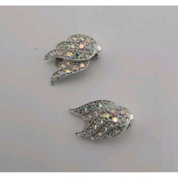 VTG Sarah Coventry Silver Rhinestone Angel Wings Clip On Earrings Free Shipping - Picture 1 of 9
